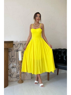Sarı Göğüs Kuplu Uzun Büzgülü Elbise