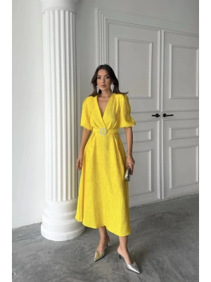 Sarı Işıltılı Kemerli Kruvaze Elbise