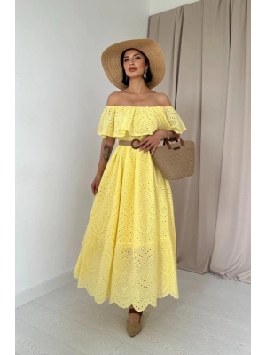 Sarı Omzu Lastikli Brode Elbise