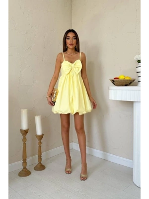 Sarı Önü Fiyonklu Askılı Elbise