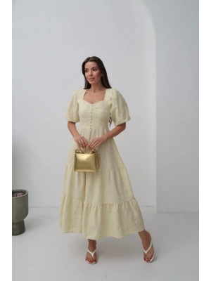 Sarı Süs Düğmeli Balon Kollu Elbise