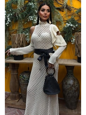 Saten Kuşaklı Ajurlu Triko Elbise 2847