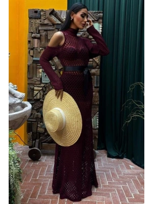 Saten Kuşaklı Ajurlu Triko Elbise 2847