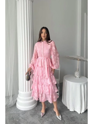 Şeker Pembesi Uzun Volanlı Elbise