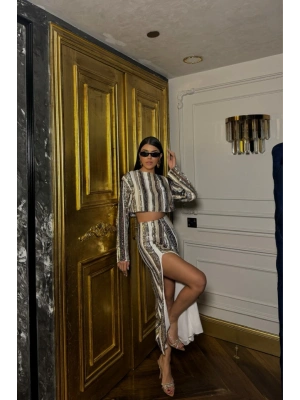 ŞERİT PAYET CROP BLUZ  YIRTMAÇLI ETEK TAKIM  iyah