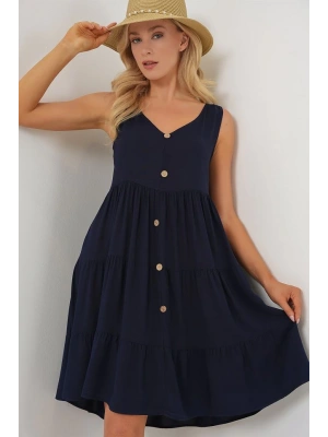 Sıfır Kol Düğmeli Kısa Elbise 2571  Lacivert
