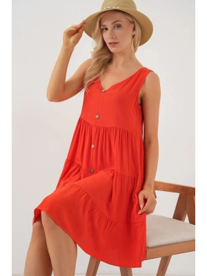 Sıfır Kol Düğmeli Kısa Elbise 2571  Nar