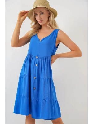 Sıfır Kol Düğmeli Kısa Elbise 2571  Saks