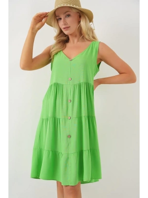 Sıfır Kol Düğmeli Kısa Elbise 2571  Yeşil