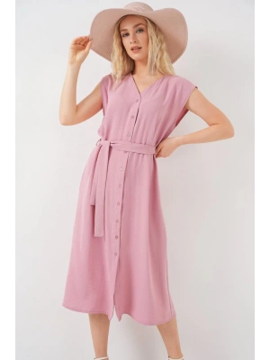 Sıfır Kol Kuşaklı Ayrobin Elbise 2568  Pudra