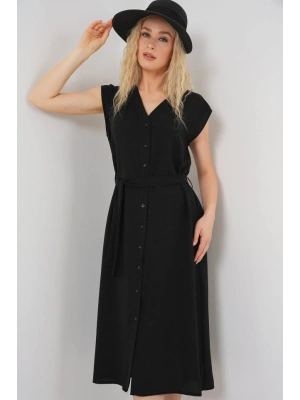 Sıfır Kol Kuşaklı Ayrobin Elbise 2568  Siyah