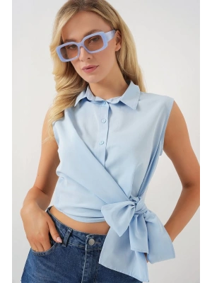 Sıfır Kol Önü Bağlamalı Gömlek 20340  Mavi