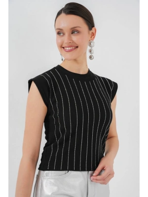 Sıfır Kol Taşlı Bluz 931  Siyah