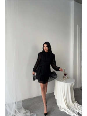 ŞİFON KATLI UZUN KOL ELBİSE  Siyah