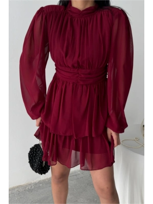 ŞİFON KATLI UZUN KOL ELBİSE  Bordo