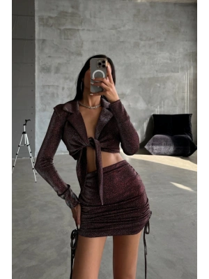 SİMİ KUMAŞ BAĞAMA DETAYI CROP BUZ KISA BÜZGÜ DETAYI ETEK  Bordo