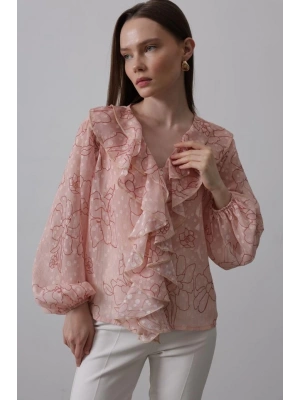 Simli Fırfırlı Gömlek  Somon