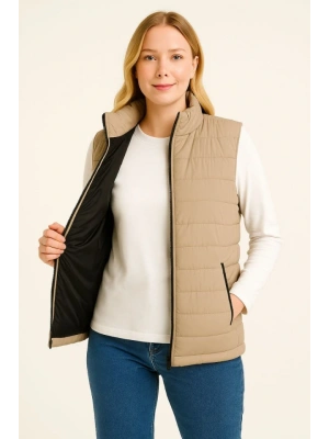 Şişme Fermuarlı Yelek u Itici Kapitone Astarlı Kumaş Cepli Hafif Kışlık por Rahat Kalıp  Bej