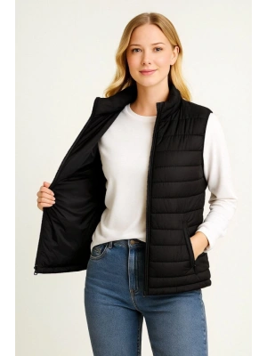 Şişme Fermuarlı Yelek u Itici Kapitone Astarlı Kumaş Cepli Hafif Kışlık por Rahat Kalıp  iyah