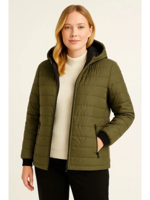 Şişme Kapüşonlu Fermuarlı ont u Itici Kapitone Astarlı Kumaş Cepli Kışlık Rahat Kalıp  Haki