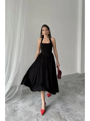 Siyah Boyundan Bağlamalı Keten Elbise