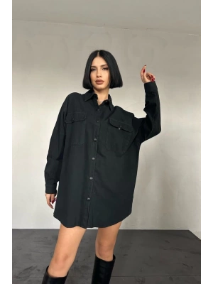 Siyah Çift Cep Kapaklı Çıtçıtlı Gömlek