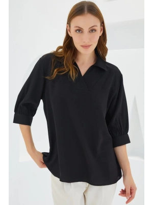 Siyah Gömlek Yaka Saten Bluz 0493