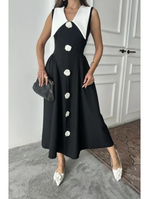 Siyah Gül Detaylı Atlas Elbise