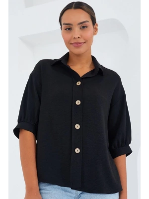 Siyah Kısa Kol Oversize Keten Gömlek 20240