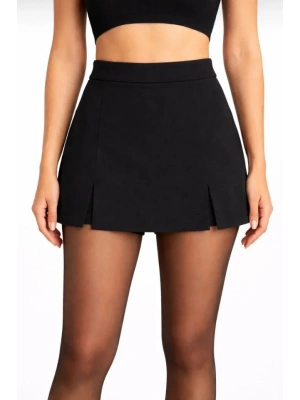 Siyah Krep Kumaş Şortlu Etek Mini Boy Yırtmaç Detaylı Yüksek Bel Günlük Şık Tasarım  Siyah