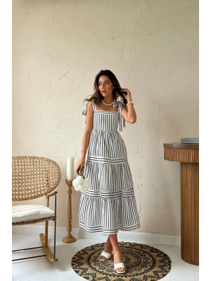 Siyah Omuzdan Bağlamalı Çizgili Elbise