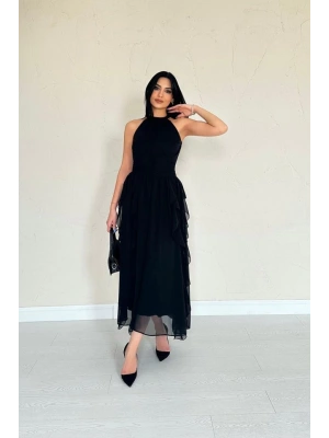 Siyah Önü Büzgülü Fırfırlı Elbise