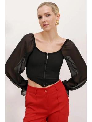 Siyah Şifon Önü Fermuarlı Bluz 0496