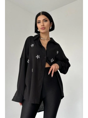 Siyah Taş İşlemeli Gömlek