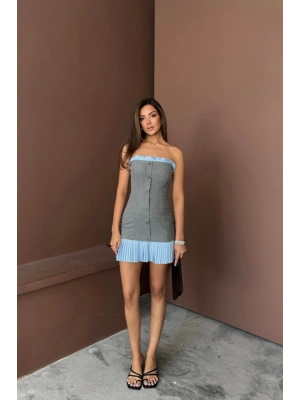 STRAPLEZ POLVİSKON ELBİSE AVİ FIRFIR DETAYLI  Gri