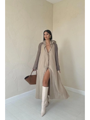 Taba Kapüşonlu Uzun Trençkot