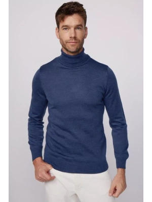 Tam Boğazlı Balıkçı Yaka Dokuma Triko  İndigo