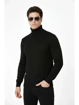 Tam Boğazlı Balıkcı Yaka Triko Kazak Yumuşak Dokulu Pamuklu Ince Dokuma Uzun Kollu  iyah