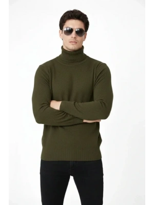 Tam Boğazlı Balıkcı Yaka Triko Kazak Yumuşak Dokulu Pamuklu Ince Dokuma, Uzun Kollu Rahat Regular Kalıp  Haki