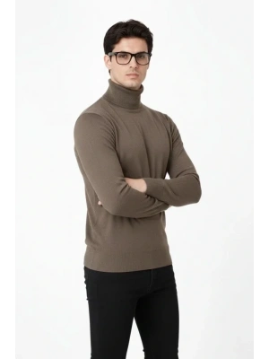 Tam Boğazlı Balıkcı Yaka Triko Kazak Yumuşak Dokulu Pamuklu Ince Dokuma, Uzun Kollu Rahat Regular Kalıp  Kahverengi