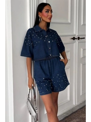 Taş Detaylı Gömlek Şort Denim Takım 10175