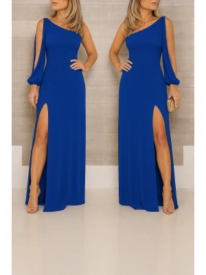 Tek Omuz Açık Derin Yırtmaçlı Krep Tam Boy Elbise