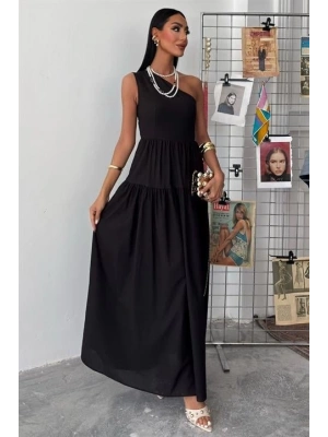 Tek Omuzlu Pile Detay Maxi Elbise 2895