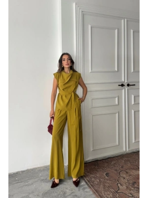 TENCEL ODAL KOLSUZ BLUZ KAPALI CEP DETAYLI DÖKÜLÜ  PANTOLON TAKI  Yağ Yeşili