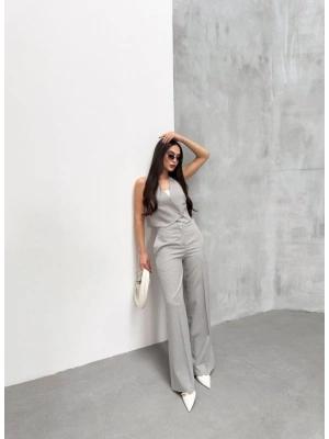 Toskana Çi̇zgi̇li̇ Kruvaze Yaka Tek Düğmeli̇ Yelek Pantolon Takim