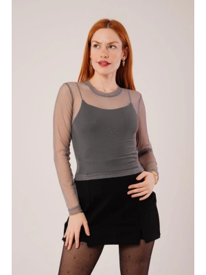 Transparan Gri Tül Basic Bluz