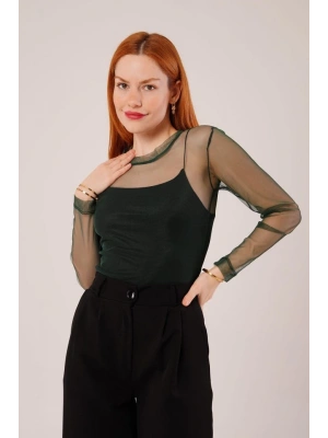 Transparan Yeşil Tül Basic Bluz