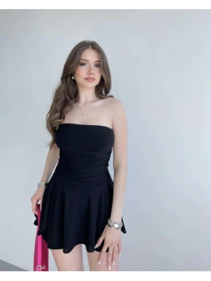 Straplez Sandy Kumaş Şortlu Prenses Etek ini Klos Elbise Siyah