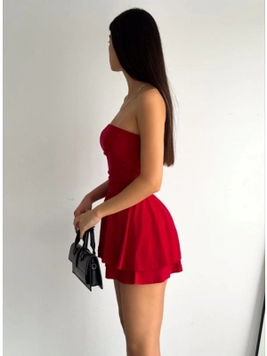 traplez andy Kumaş Şortlu Prenses Etek ini Kloş Elbise  Kırmızı