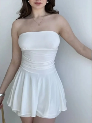 traplez ini Etek Görünümlü Şortlu Elbise Büzgülü Şık Yazlık  Beyaz